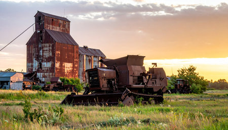 As the sun sets in a blaze of gold, it casts a final warm light on the relics of a bygone era. A towering, rusted grain elevator and a forgotten combine harvester stand as silent monuments in a quiet field, telling a story of agricultural history and the relentless passage of time.の素材