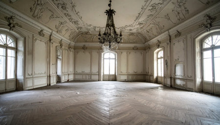 Sunlight streams through the tall arched windows of a vast, empty ballroom, illuminating dust motes dancing in the air. The faded grandeur of the ornate plasterwork ceiling and the silent chandelier tells a story of a forgotten era, echoing with the ghosts of past celebrations.の素材