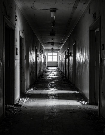 A black and white, one-point perspective shot down a long, dark hallway in a forgotten building. Debris litters the floor and paint peels from the walls, while a bright window at the far end creates a stark contrast and a sense of mystery, hope, or impending dread. This atmospheric image is perfect for horror, thriller, or post-apocalyptic concepts.の素材