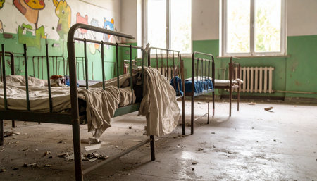 Sunlight streams through the grimy windows of a long-forgotten dormitory, illuminating dust motes dancing over empty, decaying beds. A faded mural on the wall is a haunting reminder of the children who once slept here, their presence now just a ghostly echo in the silent, derelict room.の素材