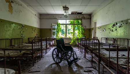 An empty wheelchair sits as a silent sentinel in the center of a long-forgotten hospital ward. Sunlight streams through a window where nature begins to reclaim the decaying room, its vines creeping over peeling walls and rusty bed frames, hinting at stories left untold.の素材