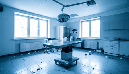 In the cold, blue light filtering through grimy windows, a forgotten operating room stands as a silent testament to a past abruptly ended. Debris litters the floor around the central table, hinting at a story of chaos and neglect in this desolate, abandoned medical facility.の素材