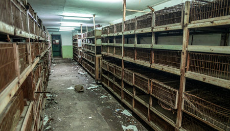 A long, narrow corridor stretches into the dim, green-tinged light of an abandoned industrial facility. Rows of empty, rusting cages line the walls, silent witnesses to a forgotten past. Debris litters the grimy floor, telling a story of neglect and decay in this desolate, eerie space.の素材