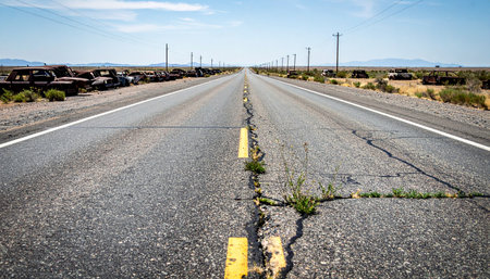 A weathered asphalt road stretches endlessly toward the horizon under a vast desert sky. Cracks and weeds tell a story of time and neglect, evoking a sense of a long journey, solitude, and the raw, open beauty of the American West.の素材