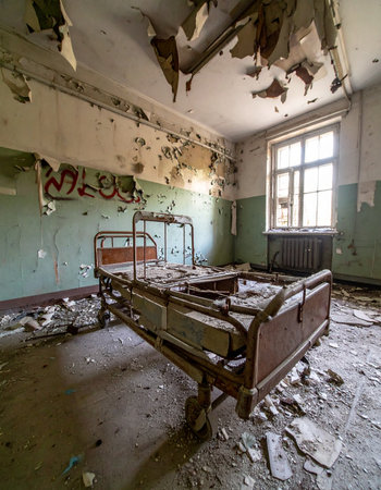 Sunlight streams through a grimy window, illuminating a scene of utter desolation. In the center of a decaying room with peeling walls and scattered debris, a rusty hospital bed stands as a silent testament to forgotten stories and the relentless passage of time. The atmosphere is thick with a sense of loneliness and mystery, a haunting glimpse into a place left behind.の素材