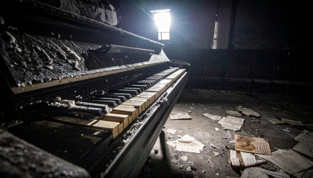 In a dark, forgotten room filled with debris, a decaying piano sits silently. Once a source of beautiful music, its broken keys now tell a story of neglect and the passage of time. A single beam of light from a window illuminates the scene, creating a haunting and melancholic atmosphere of lost memories.の素材