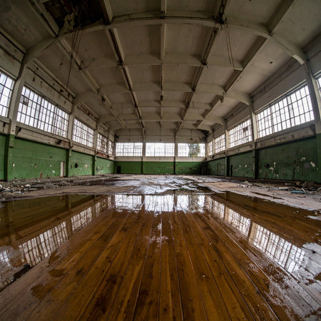 Water covers the floor of a vast, derelict gymnasium, creating a mirror-like surface that reflects the broken windows and crumbling walls. This haunting scene evokes themes of forgotten memories, post-apocalyptic stillness, and the quiet power of nature reclaiming a man-made space.の素材