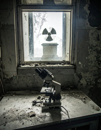 In a forgotten laboratory, coated in dust and decay, an old microscope sits as a silent witness to past discoveries. Outside the grimy window, a stark radiation symbol warns of the unseen danger that led to this abandonment, creating a haunting scene of scientific history frozen in time.の素材