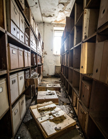 Sunlight streams through a grimy window, illuminating a scene of total neglect. In this forgotten archive, shelves sag under the weight of decaying file boxes, while historical documents are scattered across the floor, their secrets lost to time and decay.の素材