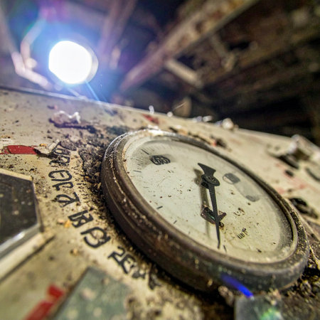 A close-up shot of a broken and dust-covered gauge on a control panel in a derelict industrial facility. The cracked glass and faded markings tell a story of forgotten technology and the relentless passage of time, evoking a post-apocalyptic or historical atmosphere.の素材