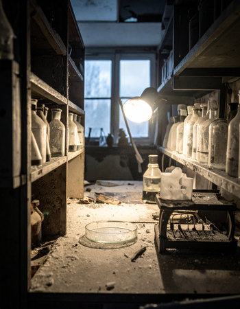 In the dusty silence of a long-forgotten laboratory, a single lamp casts a warm, eerie glow over cluttered shelves and forgotten experiments. Glass bottles, coated in grime, hold secrets of the past, while a vintage scale waits for a hand that will never return. The scene evokes a sense of mystery, urban decay, and the haunting beauty of abandoned places.の素材