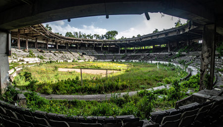 A panoramic view from the silent stands of a long-forgotten stadium. Where crowds once roared, a lush, wild forest now thrives, a powerful testament to natures ability to reclaim what was once lost to time. The crumbling concrete structure stands as a monument to a bygone era, now a serene, post-apocalyptic landscape.の素材