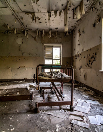 Sunlight streams through a grimy window, illuminating a scene of utter decay. An old, rusted bed frame stands as a silent witness in a forgotten room where paint peels from the walls like memories. Papers and debris litter the floor, hinting at the lives once lived and abruptly left behind in this desolate, abandoned space.の素材