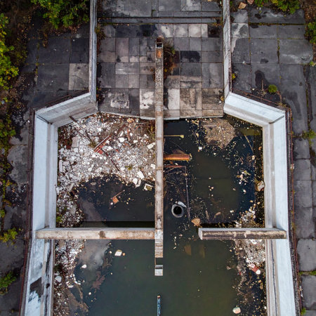 From a drones perspective, the skeletal remains of a once-luxurious swimming pool tell a story of neglect and the relentless reclaim of nature. Debris floats in the murky water, a stark symbol of forgotten places and the haunting beauty found in urban decay.の素材