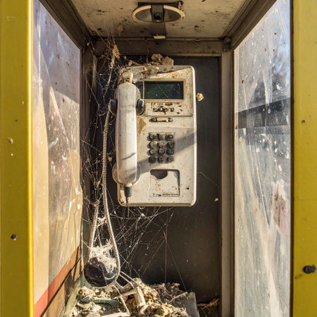 Silence hangs heavy in this forgotten space. A derelict payphone, shrouded in a thick layer of cobwebs, stands as a silent monument to a bygone era of communication, a relic of time left to decay.の素材