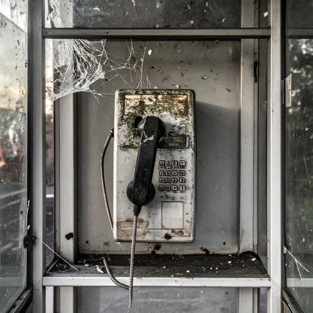 A relic from a forgotten era, this abandoned payphone sits in a decaying booth, covered in dust and cobwebs. The receiver hangs loose, a silent testament to the last call never completed, symbolizing lost connections and the relentless march of technological change.の素材
