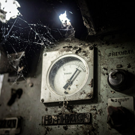 In the silent, dust-filled darkness of a long-abandoned factory, a lone gauge remains as a testament to a forgotten era. Covered in rust and draped in cobwebs, its needle is frozen in time, hinting at the last moments of power before the silence took over. A perfect visual for themes of decay, history, and the post-apocalyptic.の素材