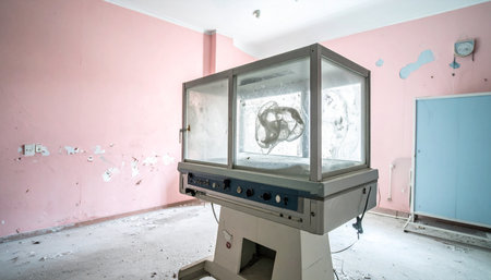 In a silent, decaying room with peeling pink walls, an old infant incubator stands as a lonely relic of the past. Once a vessel of hope and new life, it now sits empty, a haunting symbol of forgotten memories and the relentless passage of time in an abandoned hospital.の素材