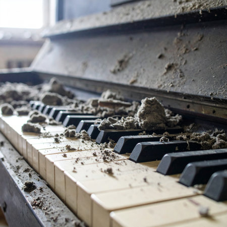 In a forgotten room, an old piano sits in silence, its keys blanketed in dust and debris. Once a source of beautiful music, it now stands as a poignant symbol of decay, lost memories, and the relentless passage of time. A melancholic scene of abandonment and neglect.の素材