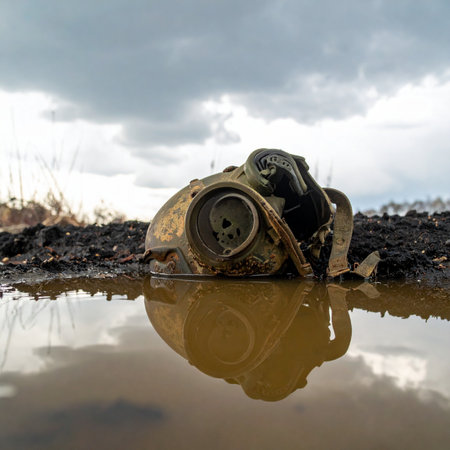 A piece of forgotten machinery, a relic of a bygone era, lies discarded and rusting in a murky puddle. Its reflection stares back from the polluted water under a heavy, gray sky, symbolizing decay, environmental neglect, and the passage of time.の素材
