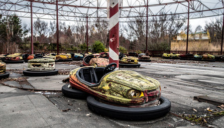 In a forgotten corner of the world, silent bumper cars rest in a state of decay. Once filled with laughter and excitement, this abandoned funfair now tells a story of desolation and the passage of time, a haunting reminder of past happiness.の素材