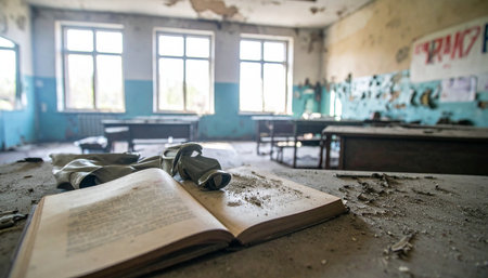 In a classroom frozen in time, an open book lies on a dusty desk, its pages a silent testament to forgotten lessons. Sunlight streams through grimy windows, illuminating the decay and chaos of a place where learning once thrived, now a haunting echo of the past.の素材