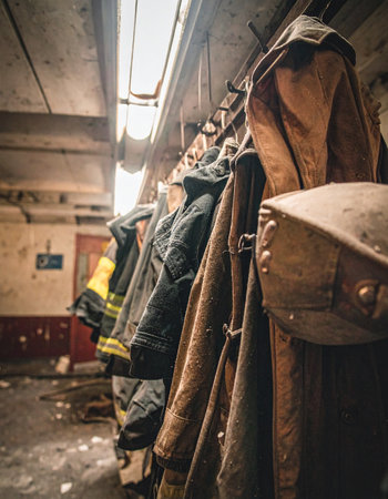 A row of dusty, forgotten firefighter coats hangs silently in a derelict fire station. Each worn uniform tells a story of past emergencies and bravery, now left to decay in the quiet aftermath, a haunting tribute to heroes of the past.の素材
