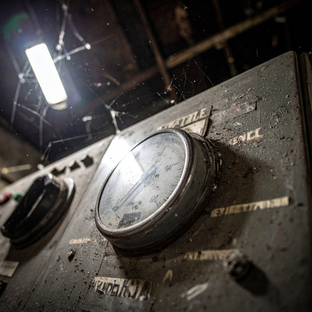 In the dim light of an abandoned factory, a vintage control panel sits covered in dust and cobwebs. A large, silent gauge reflects a single light source, a relic of a bygone era of powerful machinery and forgotten industrial might.の素材