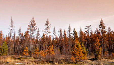 A panoramic view of a forest in the heart of autumn. Golden and orange larch trees stand tall against a soft, warm sky, their vibrant colors a stark contrast to the charred trunks of trees affected by a past wildfire. This scene captures the beautiful and resilient cycle of nature, showcasing regrowth and life amidst destruction.の素材