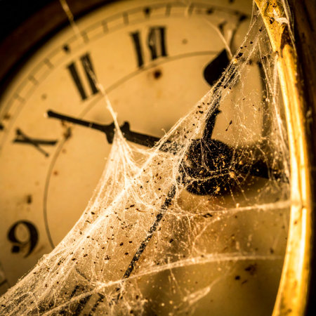 An old, forgotten clock is frozen in time, its face shrouded in delicate cobwebs and dust. This image evokes a sense of history, nostalgia, and the relentless passage of time, symbolizing moments lost and memories preserved.の素材