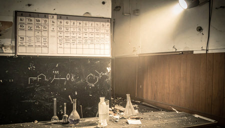 A single beam of light cuts through the dusty air of a long-forgotten chemistry classroom. On the desk, glassware sits untouched amidst the decay, while a periodic table and faded chalkboard writings hint at lessons learned long ago. The scene evokes a sense of mystery, abandonment, and the passage of time.の素材