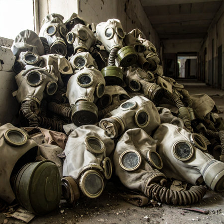 In a forgotten corner of a derelict building, a haunting pile of decaying gas masks serves as a silent testament to a past disaster. Each mask, with its vacant eyes, tells a story of sudden evacuation and the lingering threat of an unseen enemy, creating a powerful symbol of apocalypse, history, and survival.の素材