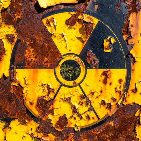 A close-up of a weathered radiation warning symbol, its once-bright yellow and black paint now peeling away to reveal a deeply corroded and rusted metal surface. This powerful image evokes a sense of forgotten danger, post-apocalyptic decay, and the long-term consequences of hazardous materials in an abandoned, forgotten place.の素材