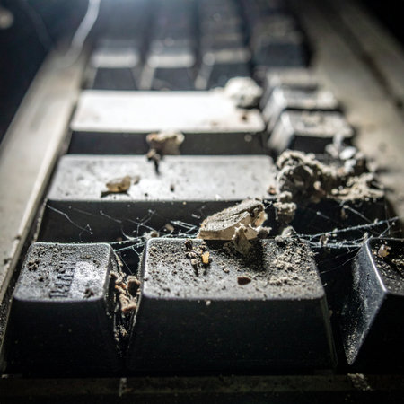 A close-up view of a once-useful computer keyboard, now abandoned and forgotten. Covered in a thick layer of dust, dirt, and cobwebs, it stands as a silent monument to obsolete technology and the relentless passage of time. The dim lighting creates an eerie, post-apocalyptic atmosphere.の素材