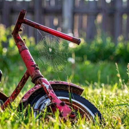 In a sun-drenched field, an old, forgotten red scooter rests in the tall grass, its rusty frame a testament to past adventures. A delicate spiderweb, glistening in the light, has been spun where handlebars once were, symbolizing natures quiet reclamation and the beauty found in decay and the passage of time.の素材