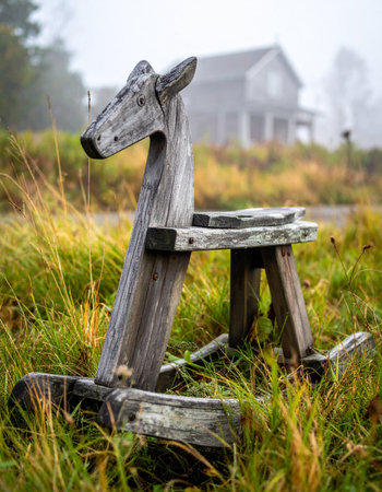 An old, weathered wooden rocking horse sits abandoned in a field of tall grass, a silent testament to forgotten childhood memories. In the misty background, a house looms, adding to the quiet, melancholic atmosphere of a bygone era.の素材