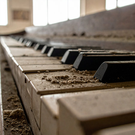 In a forgotten room where time stands still, the keys of an old piano lie silent under a thick blanket of dust. Each speck of dirt tells a story of melodies lost and music that once filled theair, now just a distant, haunting memory of a bygone era.の素材