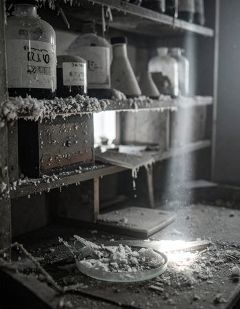 A single beam of light cuts through the darkness of a long-forgotten laboratory, illuminating floating dust particles and the remnants of past experiments. The scene evokes a sense of mystery and the passage of time, a silent testament to a place abandoned and left to decay.の素材
