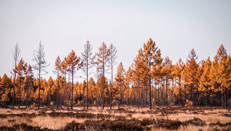 A tranquil scene of a northern boreal forest in its full autumn glory. Golden larch trees stand tall against a pale sky, their vibrant needles creating a stunning seasonal display over the still, marshy foreground. This serene landscape captures the quiet beauty and peaceful solitude of the wilderness during the fall transition.の素材