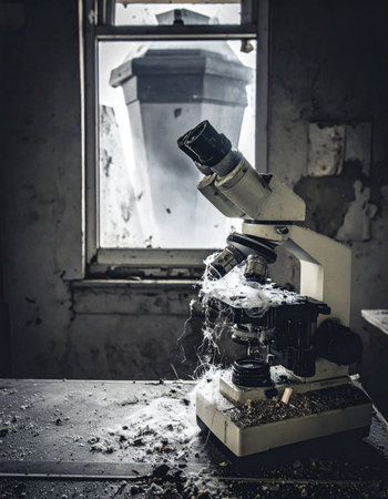 In a forgotten laboratory, an old microscope sits coated in dust and decay, a silent testament to scientific pursuits long since abandoned. Light from a broken window illuminates the scene, highlighting the eerie beauty of neglect and the end of an era of discovery.の素材