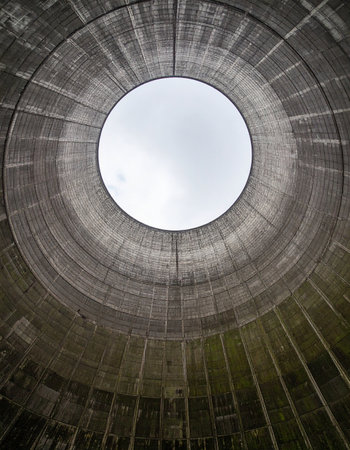 Looking up from the base of a colossal, abandoned cooling tower, the weathered concrete walls create a powerful geometric pattern leading to the open sky. This perspective evokes a sense of industrial decay and the overwhelming scale of human engineering.の素材