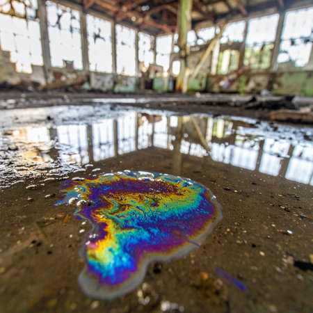 In the heart of a forgotten industrial ruin, a vibrant, rainbow-colored chemical spill pools on the damp concrete floor. The iridescent slick reflects the broken windows and decaying structure, a scene of toxic beauty and a stark reminder of environmental neglect.の素材
