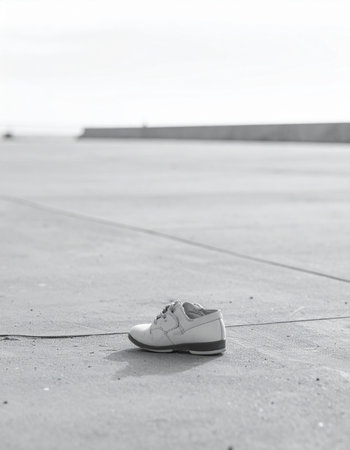 A single childs shoe sits alone on a vast expanse of concrete, a poignant symbol of something lost or left behind. This black and white photograph evokes feelings of solitude, mystery, and the quiet stories held by forgotten objects.の素材