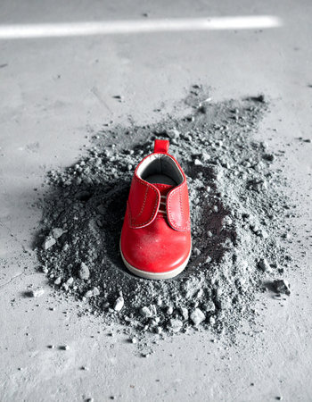A single, bright red baby shoe sits atop a pile of gray ash and rubble, a poignant symbol of what has been lost. This powerful image evokes feelings of memory, survival, and the enduring hope found even in the aftermath of destruction or disaster.の素材