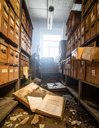 In a long-forgotten archive, dust motes dance in the light from a single window. Shelves groan under the weight of countless files, while scattered papers and an open ledger on the floor hint at stories and secrets lost to time. A scene of decay and mystery.の素材
