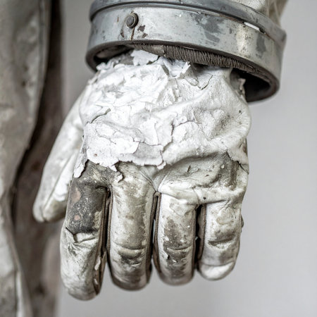 A detailed close-up of a weathered astronauts glove, a silent testament to the challenges and triumphs of space exploration. Each scuff and layer of cosmic dust tells a story of a journey beyond our world, capturing the gritty reality of human endeavor.の素材