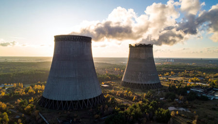 An aerial view captures the immense scale of two industrial cooling towers as they release plumes of steam into the atmosphere. The warm, golden light of a setting sun illuminates the scene, creating a dramatic contrast between energy production and the environment.の素材