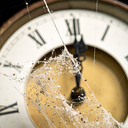 In a forgotten corner, an old clocks hands are frozen near midnight, shrouded in a thick veil of dusty cobwebs. A powerful metaphor for lost time, forgotten memories, and the silent decay that comes with neglect, capturing a sense of eerie nostalgia and the relentless passage of history.の素材