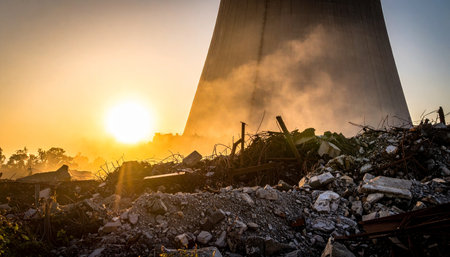 The golden light of a new day dawns over a scene of industrial decay. A massive cooling tower stands sentinel over a field of rubble and twisted metal, the remnants of a bygone era. Smoke drifts in the air, hinting at the environmental cost of progress and the dramatic transition of industry.の素材