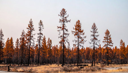A serene panoramic view of tall, slender larch trees standing against a pale twilight sky. Their golden autumn needles create a poignant scene of natural transition and quiet resilience in a vast, open taiga landscape.の素材